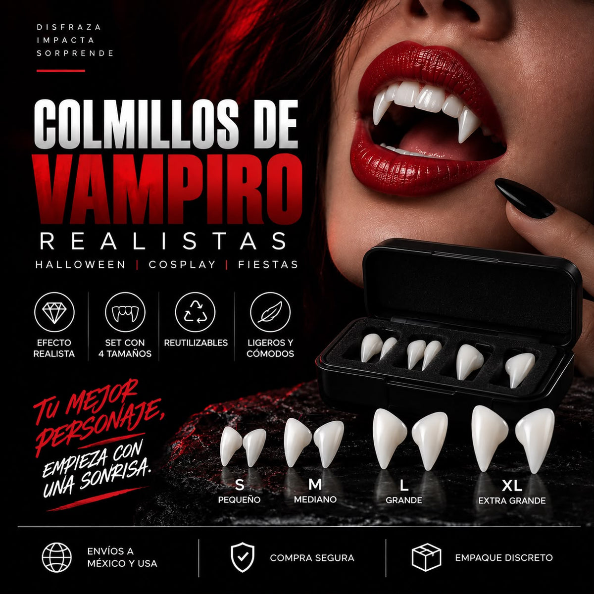Colmillos de Vampiro Realistas – Set de 4 Tamaños